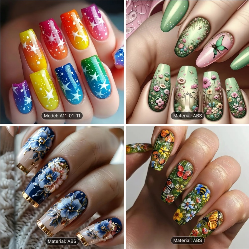 Colorful Butterfly & Floral Nail Art Press-On Nails Glossy Designs